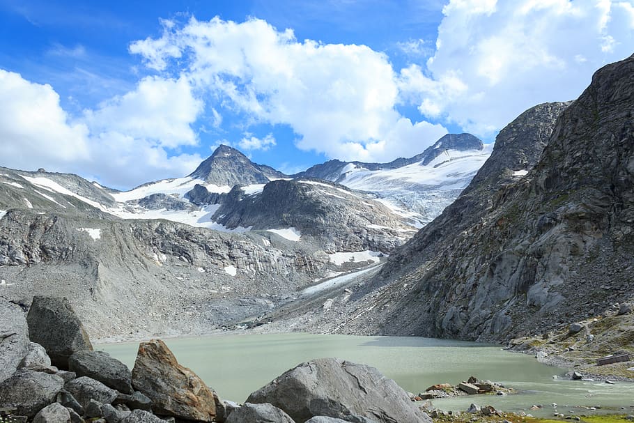 venediger group, austria, alps, mountains, lake, snow, glacier HD wallpaper