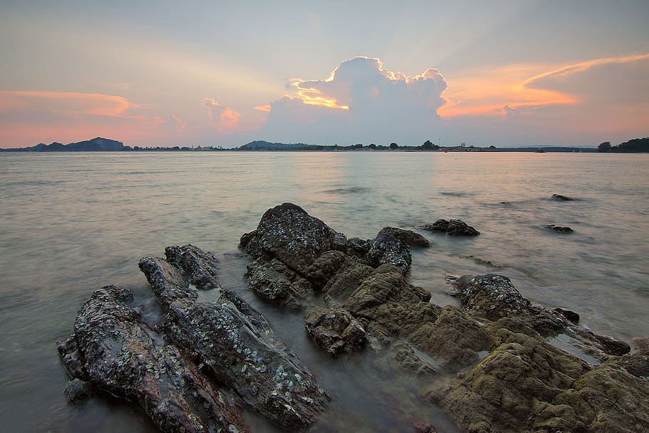 Beach Rock Formation, dawn, evening, landscape, moss, ocean, rocks HD wallpaper