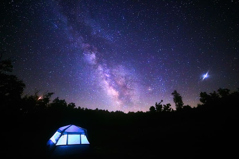 dome tent with galaxy with stars, night, camp, purple, forest, HD wallpaper