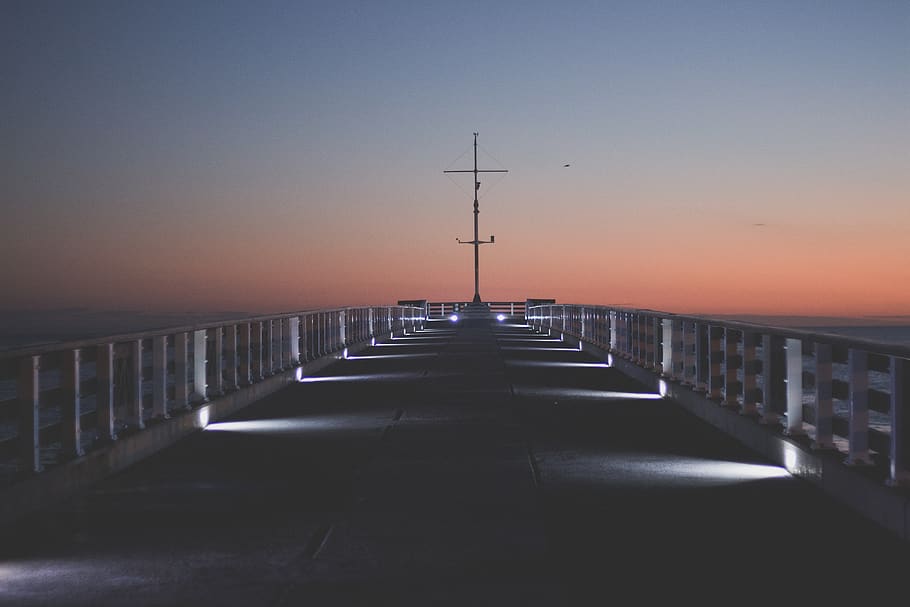 pier, beach, ocean, dawn, sea, bridge, lights, morning, peace HD wallpaper