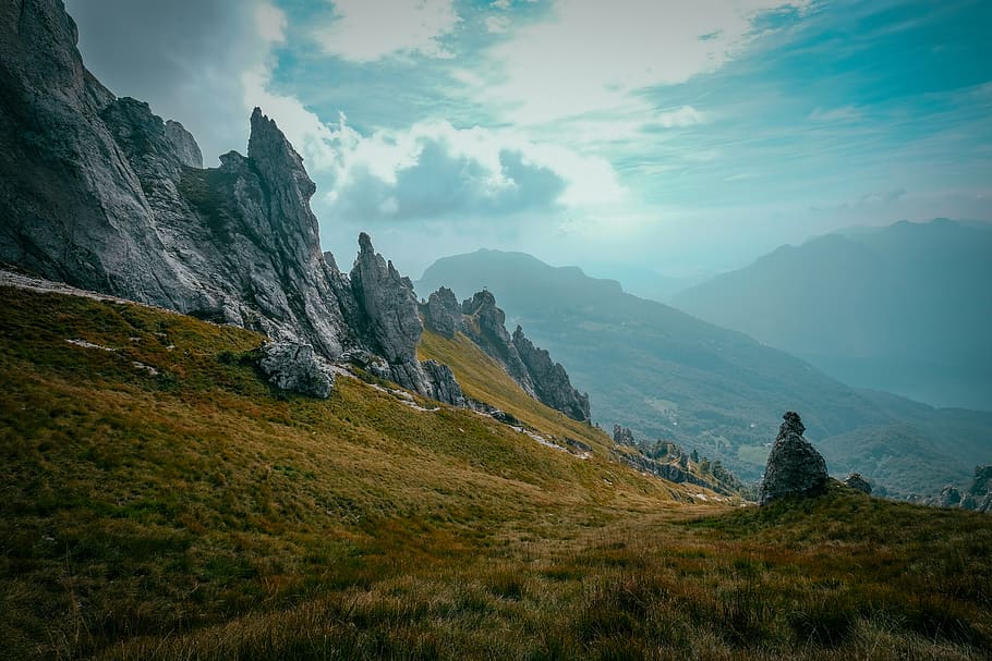 Green and Black Mountain during White Cloudy Sky, clouds, daylight HD wallpaper