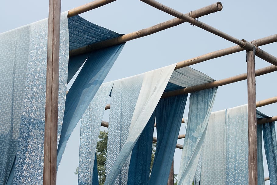 Blue and White Textiles on Wood Post, architecture, bamboo, business HD wallpaper