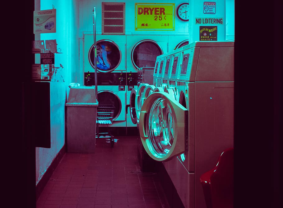 white open laundry machines, launderette, laundromat, tech, technology