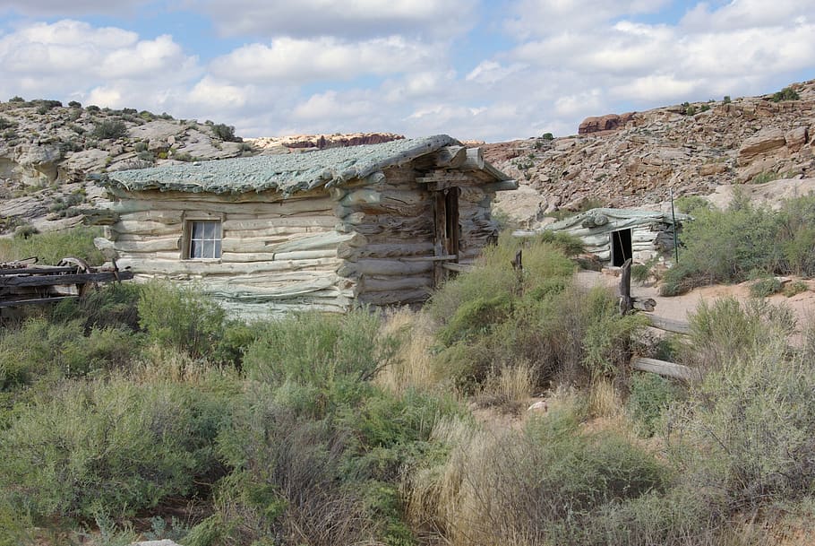wolfe ranch cabin, logs, arches, rural, nature, landscape, scenic HD wallpaper
