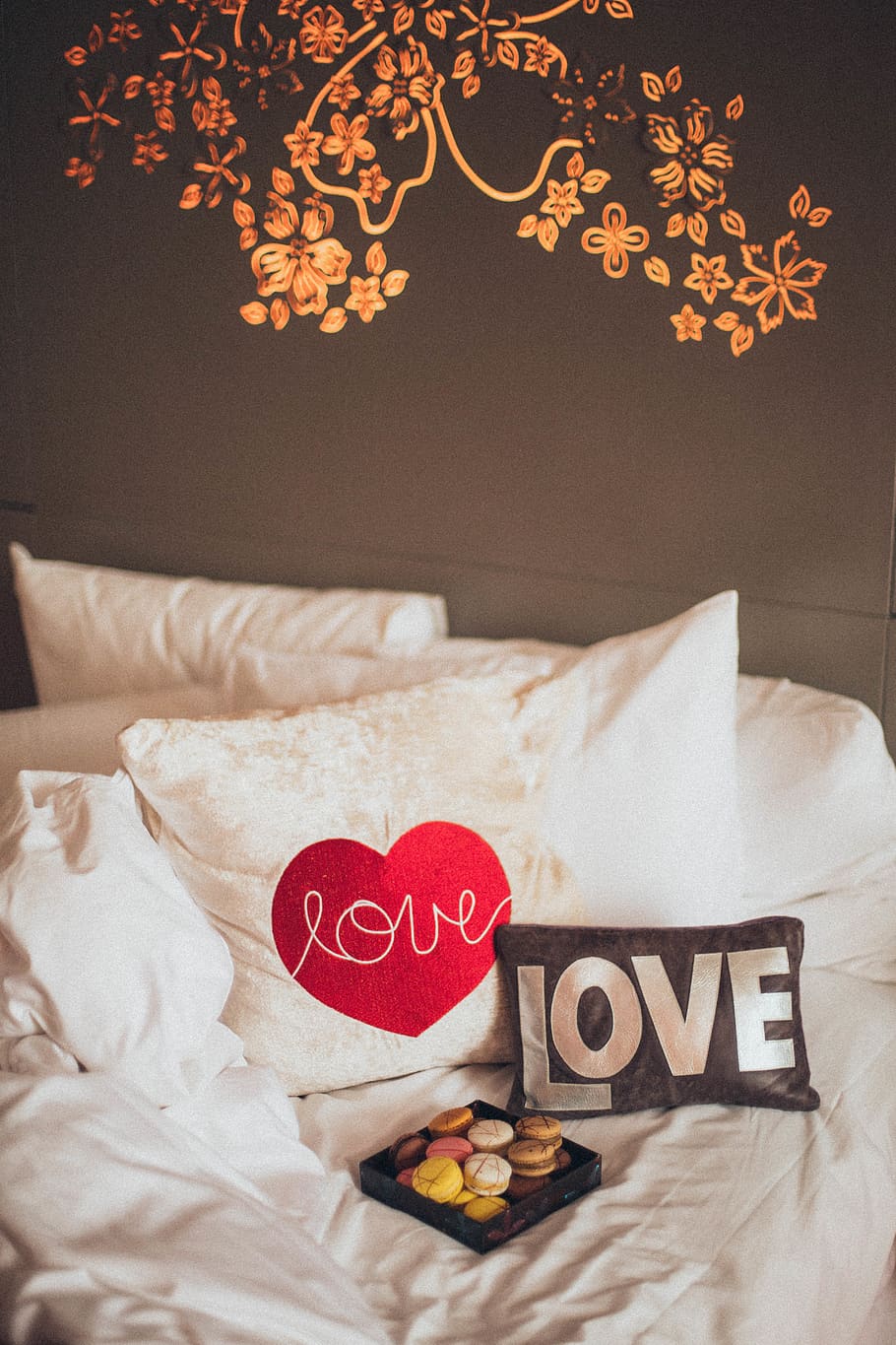 White Pillows, bed, bedroom, heart shape, love, text, positive emotion HD wallpaper