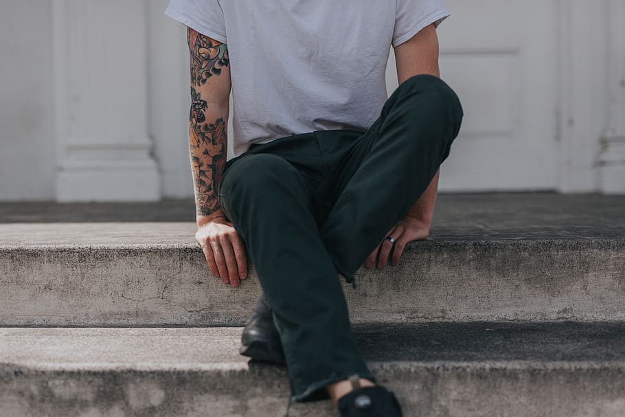 people, guy, man, sitting, alone, building, outside, tattoo HD wallpaper