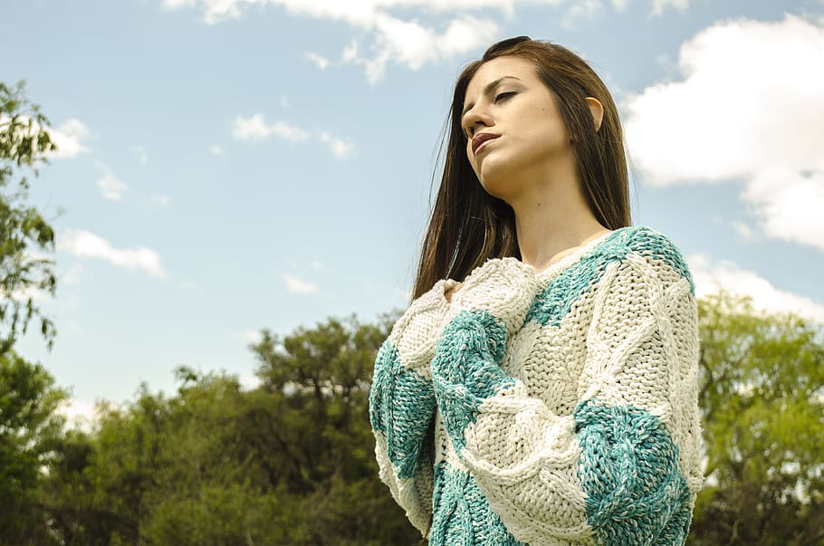 Woman in White and Teal Crochet Dress Under Cloudy Sky, beautiful, HD wallpaper