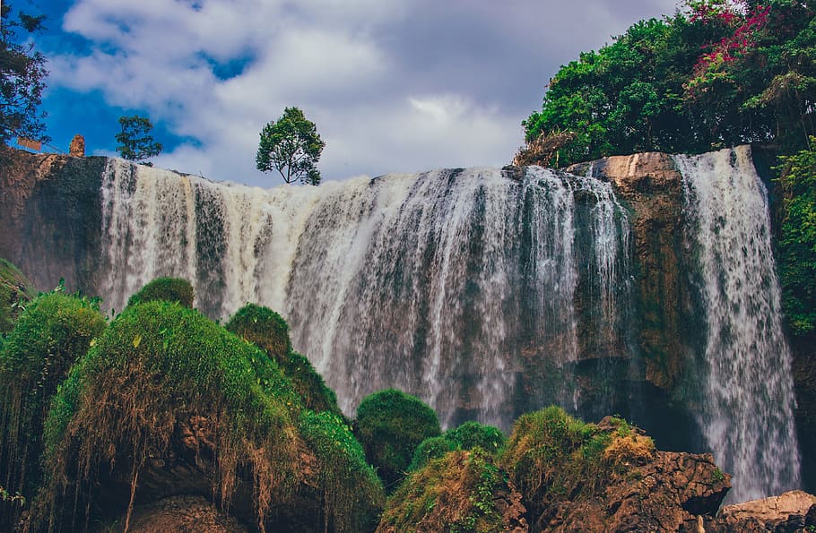 Waterfalls, cascade, daylight, daytime, environment, flow, Mossy rocks HD wallpaper