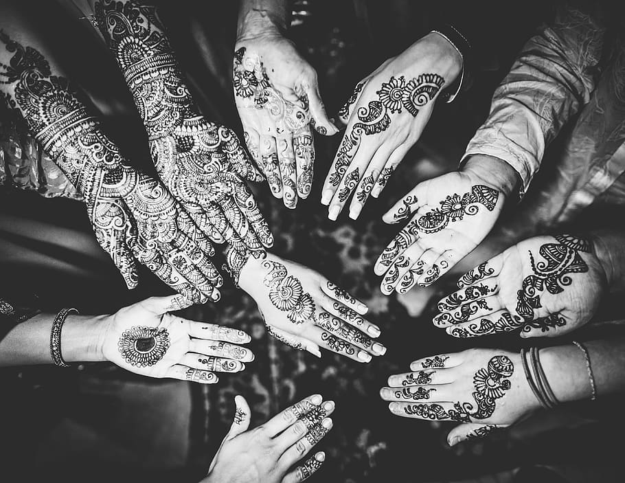 indian wedding, henna tattoo, mehndi, hands, monochrome, black and white