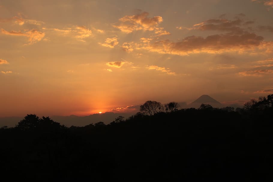 down, sunset, volcano, view, sky, silhouette, twilight, beauty in nature HD wallpaper