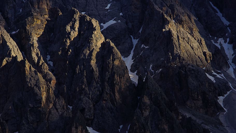 aerial view photography of mountain, rock, sunlight, shadow, ridge HD wallpaper