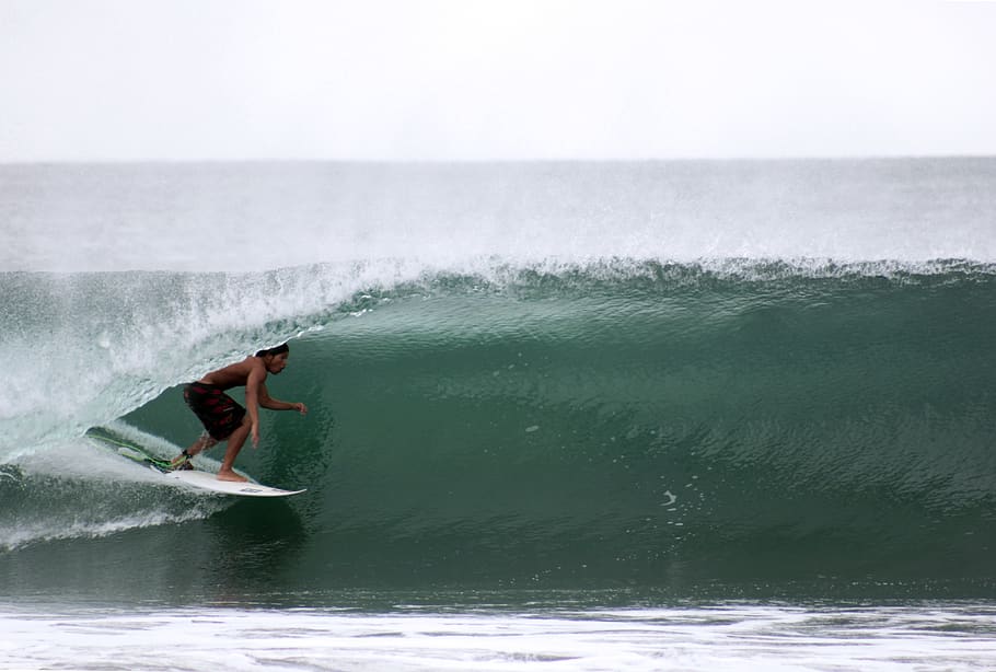 man riding white surfboard, water, surfing, aquatic sport, sea HD wallpaper