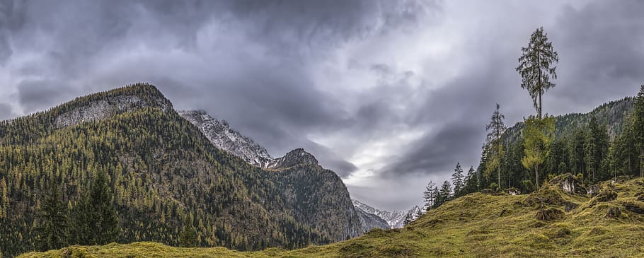 Landscape Photography of Mountains Under Gray Cloudy Sky, clouds HD wallpaper