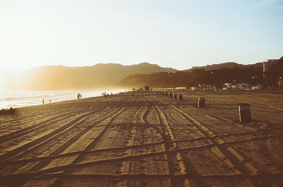 Shore during Golden Hour, beach, sunset, traces, sky, nature HD wallpaper