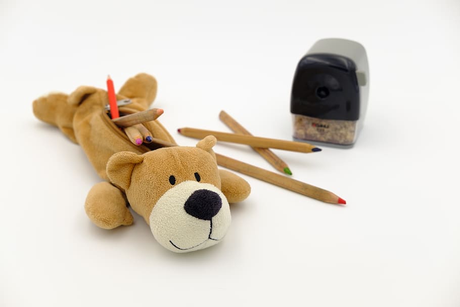pencil cases, school pencil case, bear, teddy bear, colored pencils