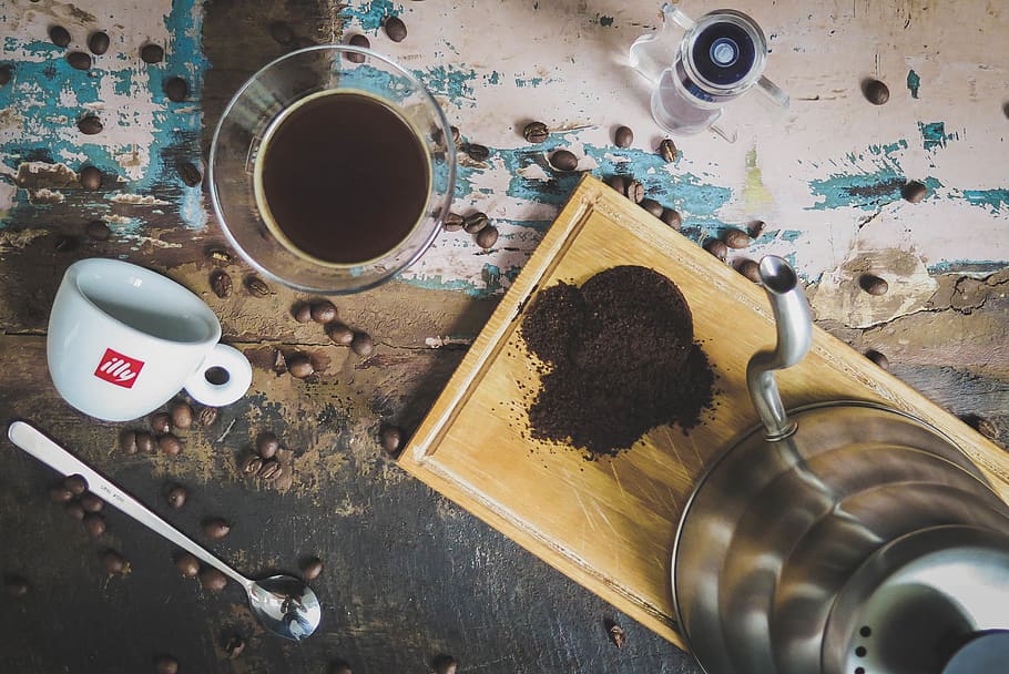table, coffee, bean, seed, hot, water, cup, mug, glass, teapot HD wallpaper
