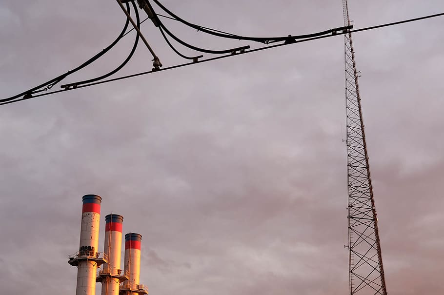 united states, detroit, smokestacks, radio tower, low angle view, HD wallpaper