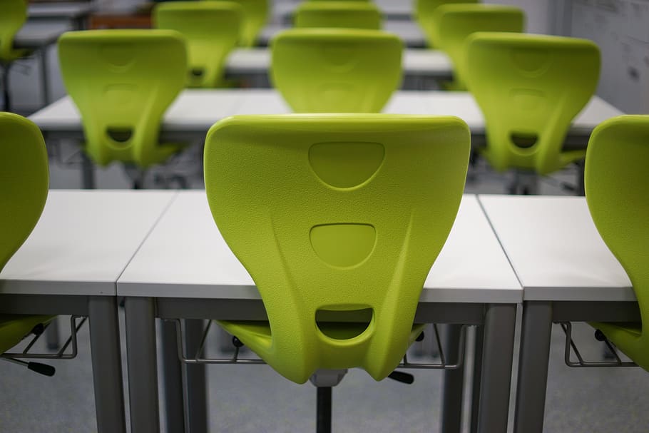 Chairs on Table, bench, class, classroom, contemporary, desk, HD wallpaper