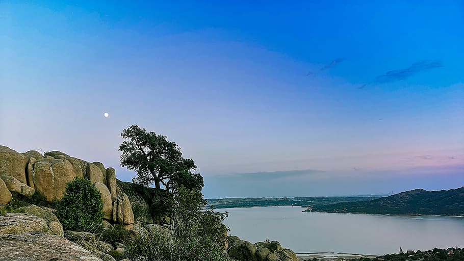 sunset, pedriza, sky, panoramic, mountain, reservoir, horizon HD wallpaper