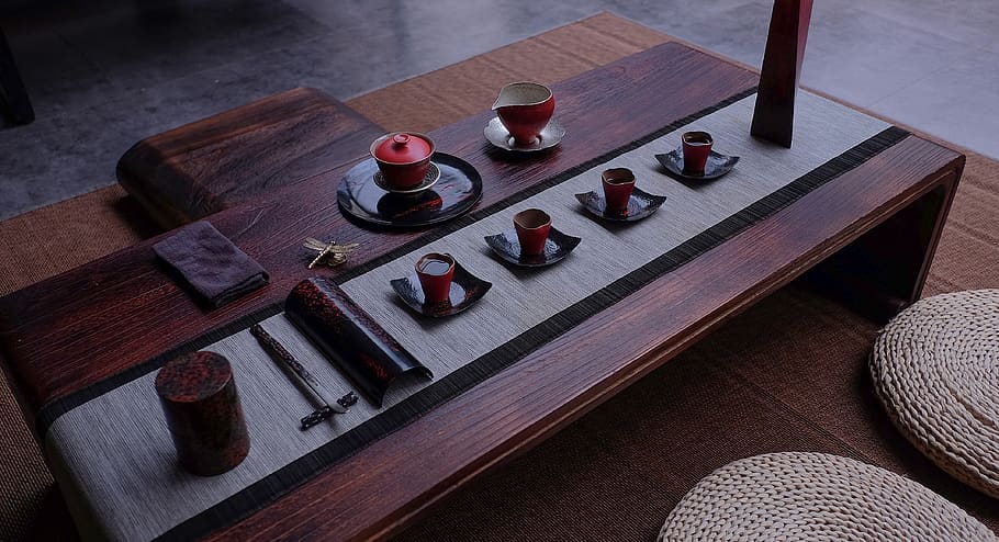 red ceramic tea set on wooden table, art, meditation, tea table, HD wallpaper