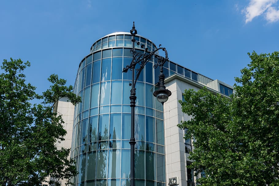 facade, glass, architecture, building, modern, lantern, street light HD wallpaper
