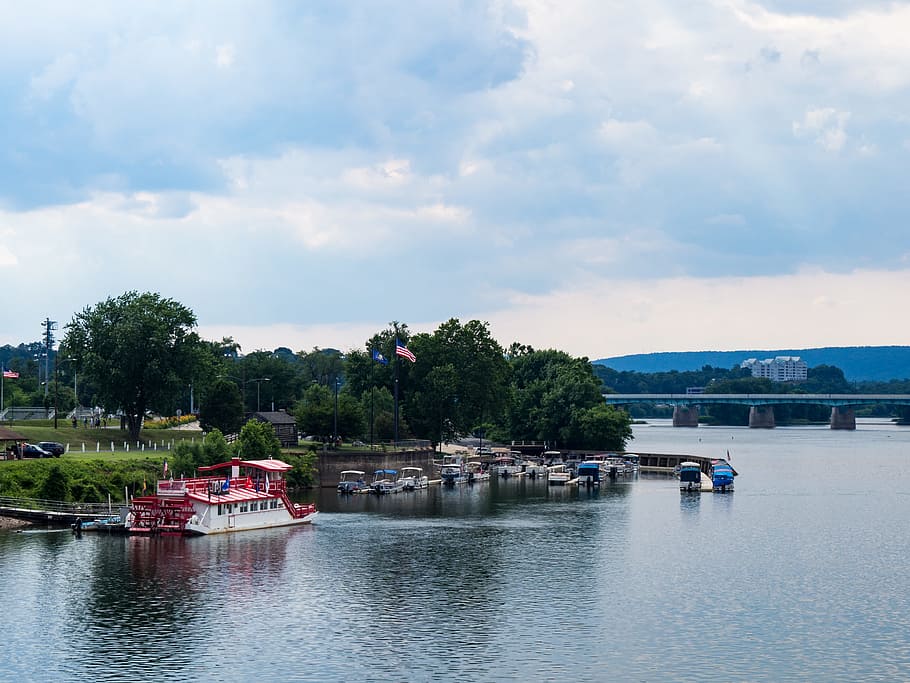 Dock with Boats and Bridge, Architecture, Buildings, Clouds, Nature HD wallpaper