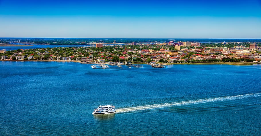 ferry, riverboat, ship, bay, harbor, aerial view, hdr, charleston, HD wallpaper