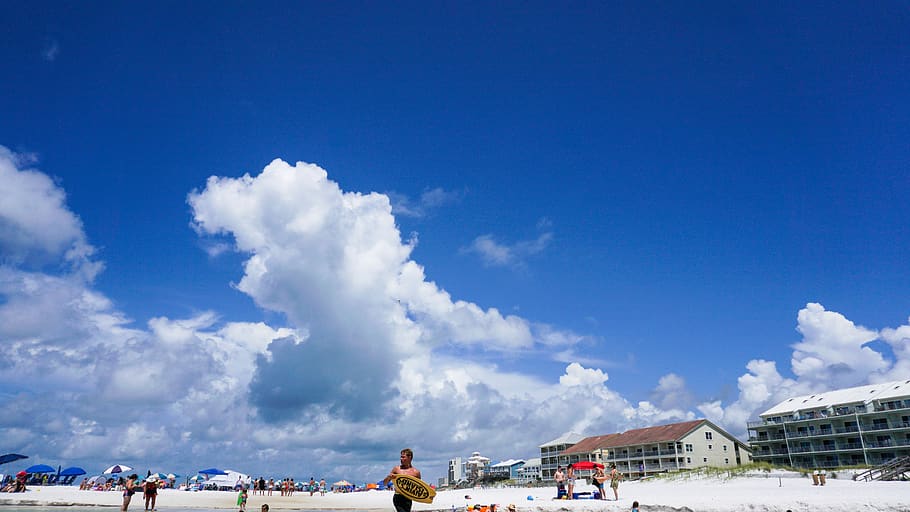 beach, sun, sky, people, cloud - sky, architecture, blue, city HD wallpaper