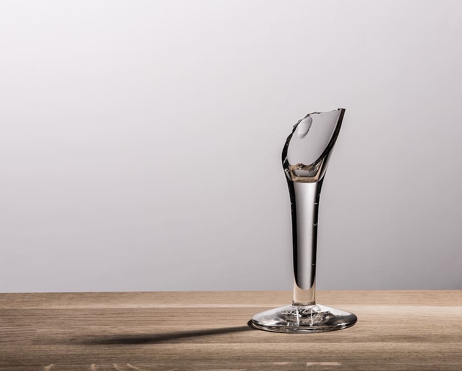 Clear Glass Vase, broken, shadow, sharp, wine glass, wooden table HD wallpaper