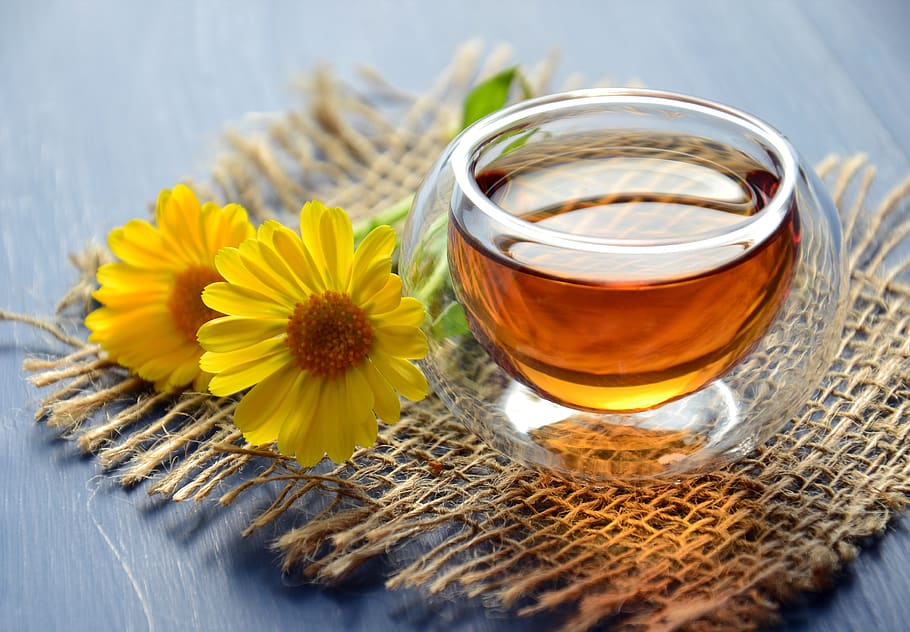 tea, herbal tea, drink, hot, useful, bowl, calendula, flowers HD wallpaper