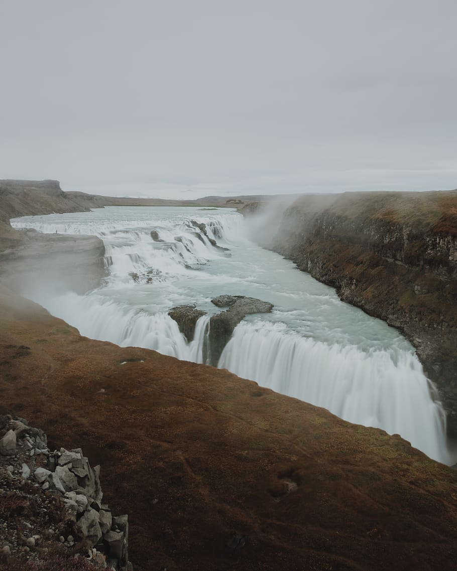 cascading waterfalls, outdoors, river, mountain, ice, iceland HD wallpaper