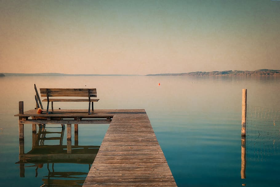 Dock and Sea, bench, clear sky, dawn, dusk, evening, jetty, landscape HD wallpaper