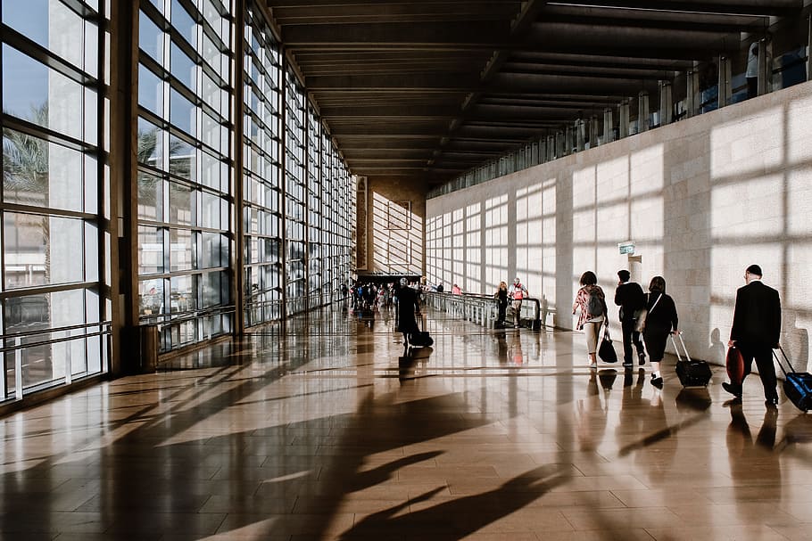 group of people walking beside white building, interior, shadow HD wallpaper