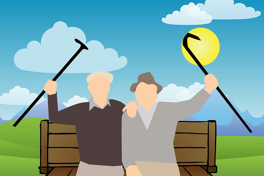Illustration of two old guys in a park, raising their canes. HD wallpaper