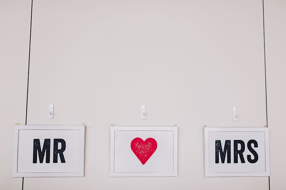 two Mr and Mrs wall decors, heart shape, text, communication HD wallpaper
