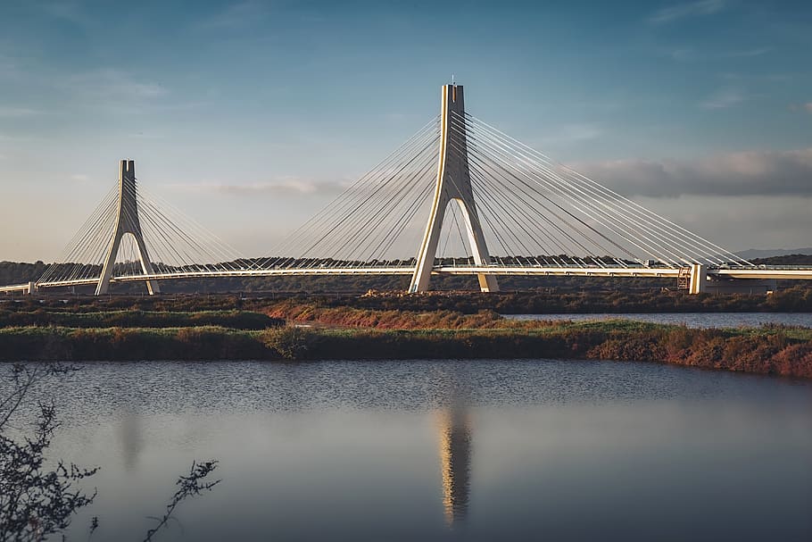 bridge, sunset, architecture, river, water, twilight, lights HD wallpaper