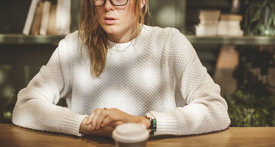Woman Wearing White Sweater Sitting Beside Table, awake, beverage HD wallpaper