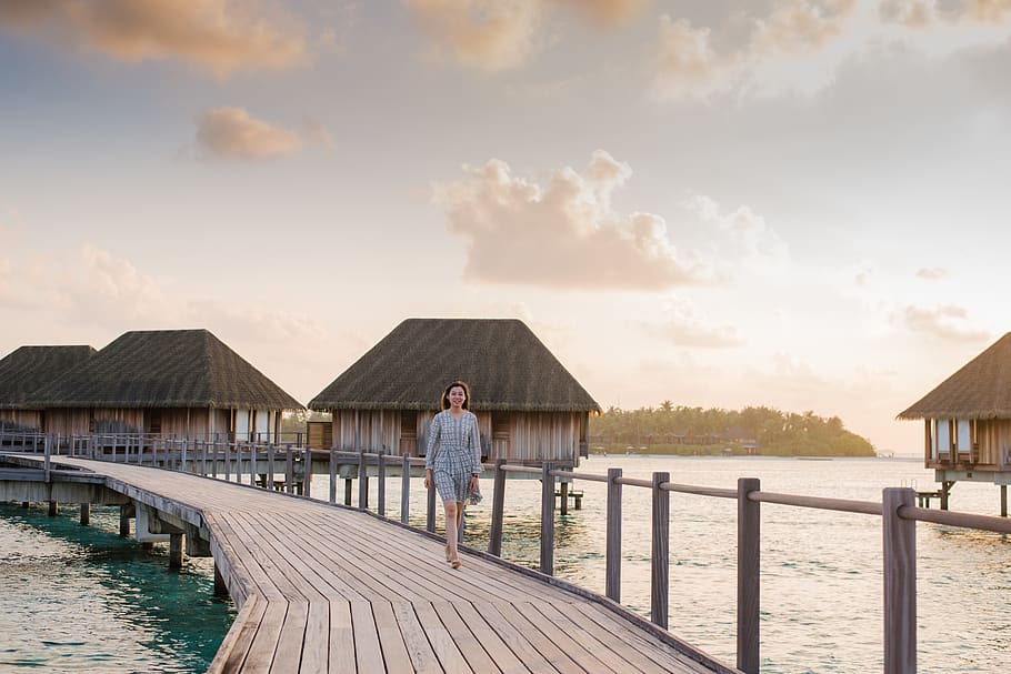 Woman Walking , boardwalk, dawn, jetty, maldives, ocean, person HD wallpaper