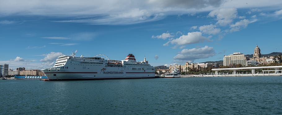malaga, port, spring, ferry, sea, sky, clouds, transport, transportation HD wallpaper