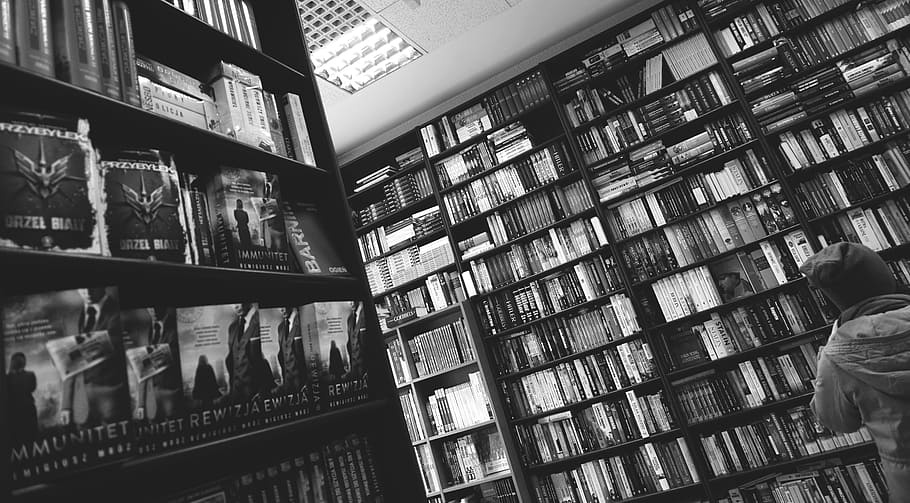 library, books, shelves, racks, black and white, study, knowledge HD wallpaper