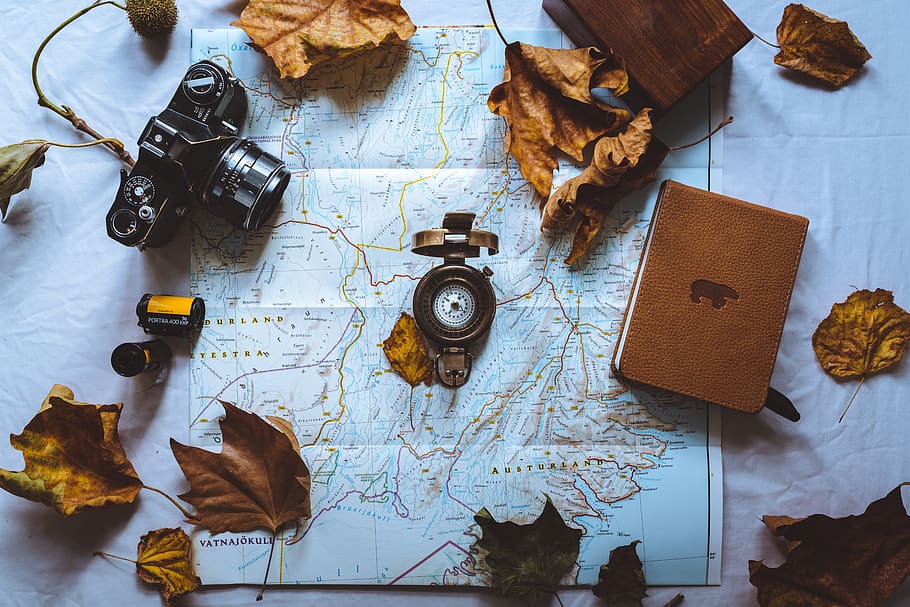 black DSLR camera on map, high angle view, table, guidance, directly above HD wallpaper