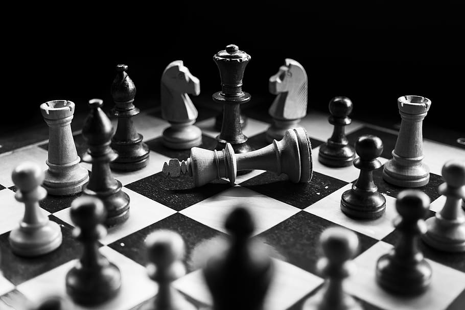 Grayscale Photography Of Chessboard Game, black white, black-and-white