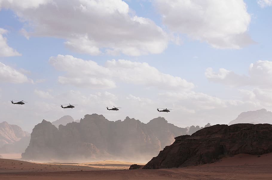 four helicopters in flight, sky, cloud - sky, beauty in nature HD wallpaper