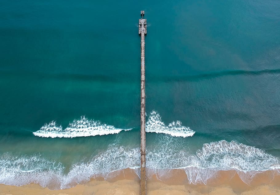 Aerial View of the Beach, dock, ocean, pier, sand, sea, seafoam HD wallpaper
