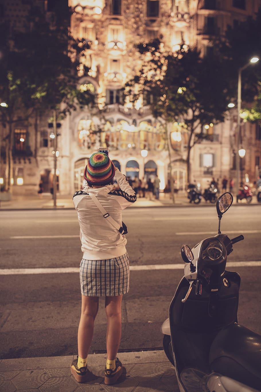 woman standing beside gray motor scooter near building, hat, street HD wallpaper