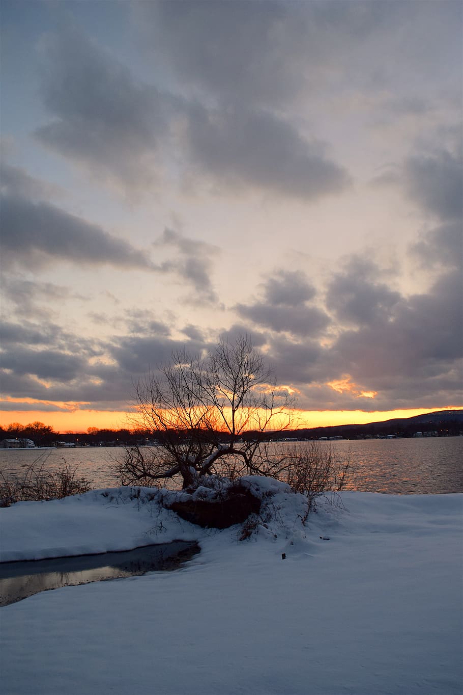 snow, winter, sunset, lake, cold, nature, landscape, clouds HD wallpaper
