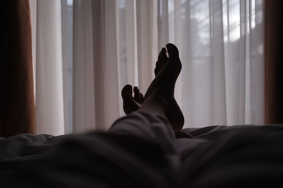 person lying on bed, curtain, kadıköy, turkey, indoors, bedroom
