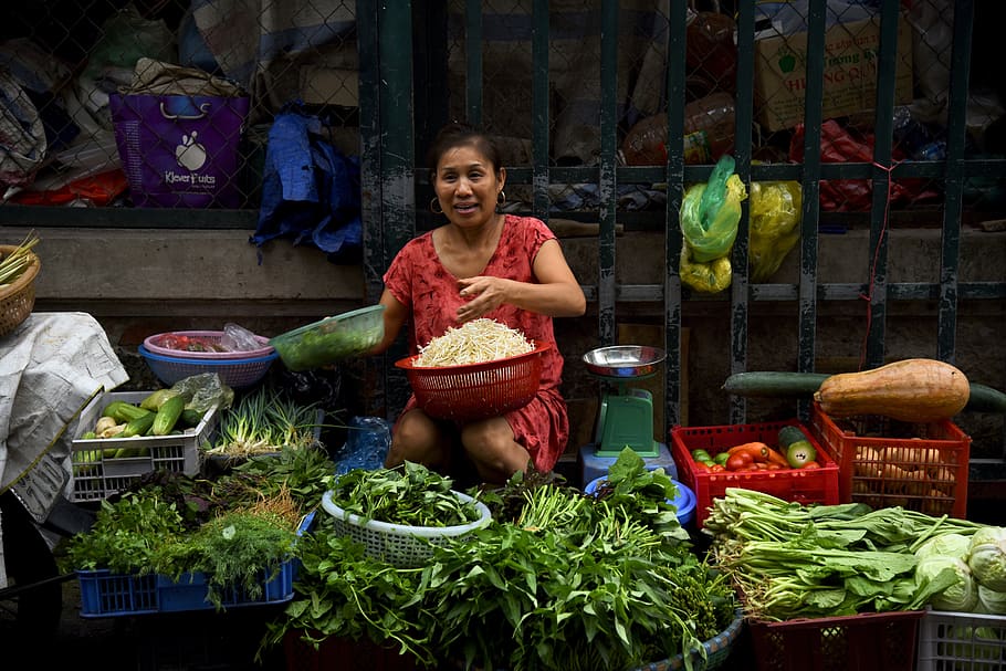 female vendor sits near weighing scale while selling vegetables, HD wallpaper