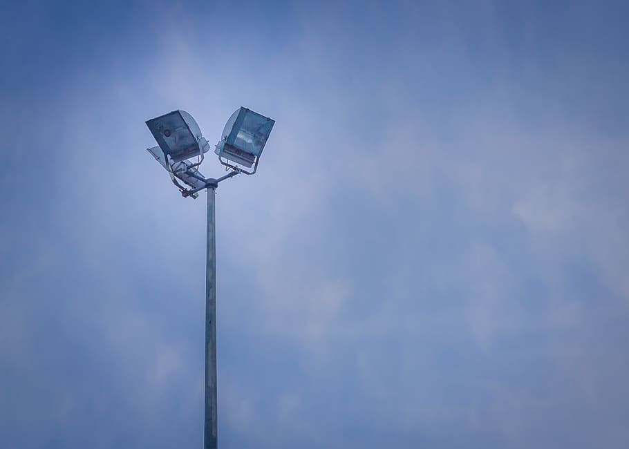 blue, sky, clouds, lights, lamp post, spot lights, low angle view HD wallpaper