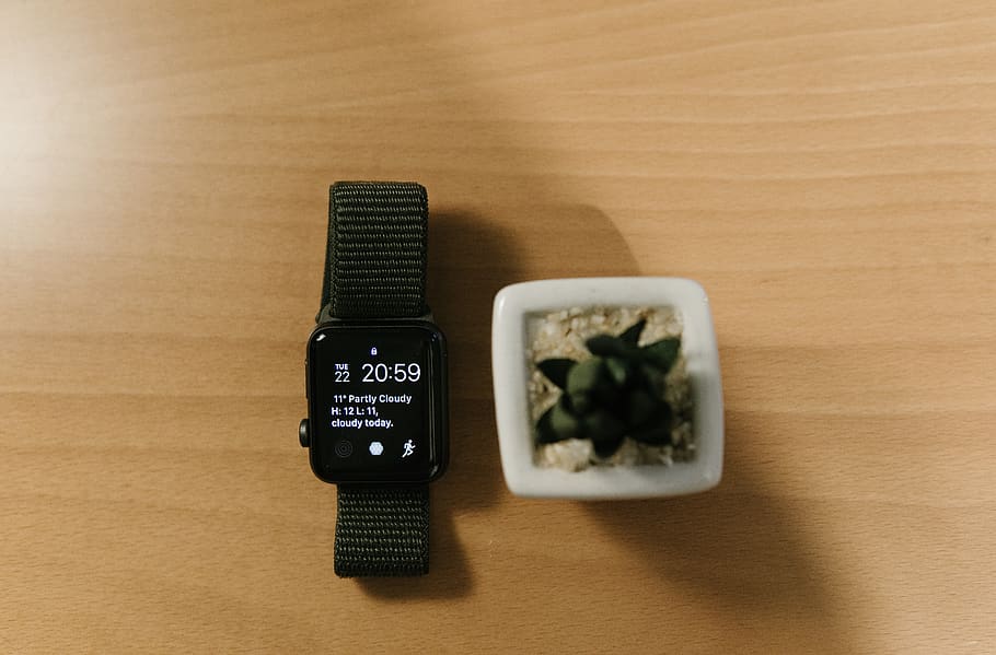 space gray Aluminum Case Apple Watch with black strap beside green succulent plant on brown wooden surface, HD wallpaper